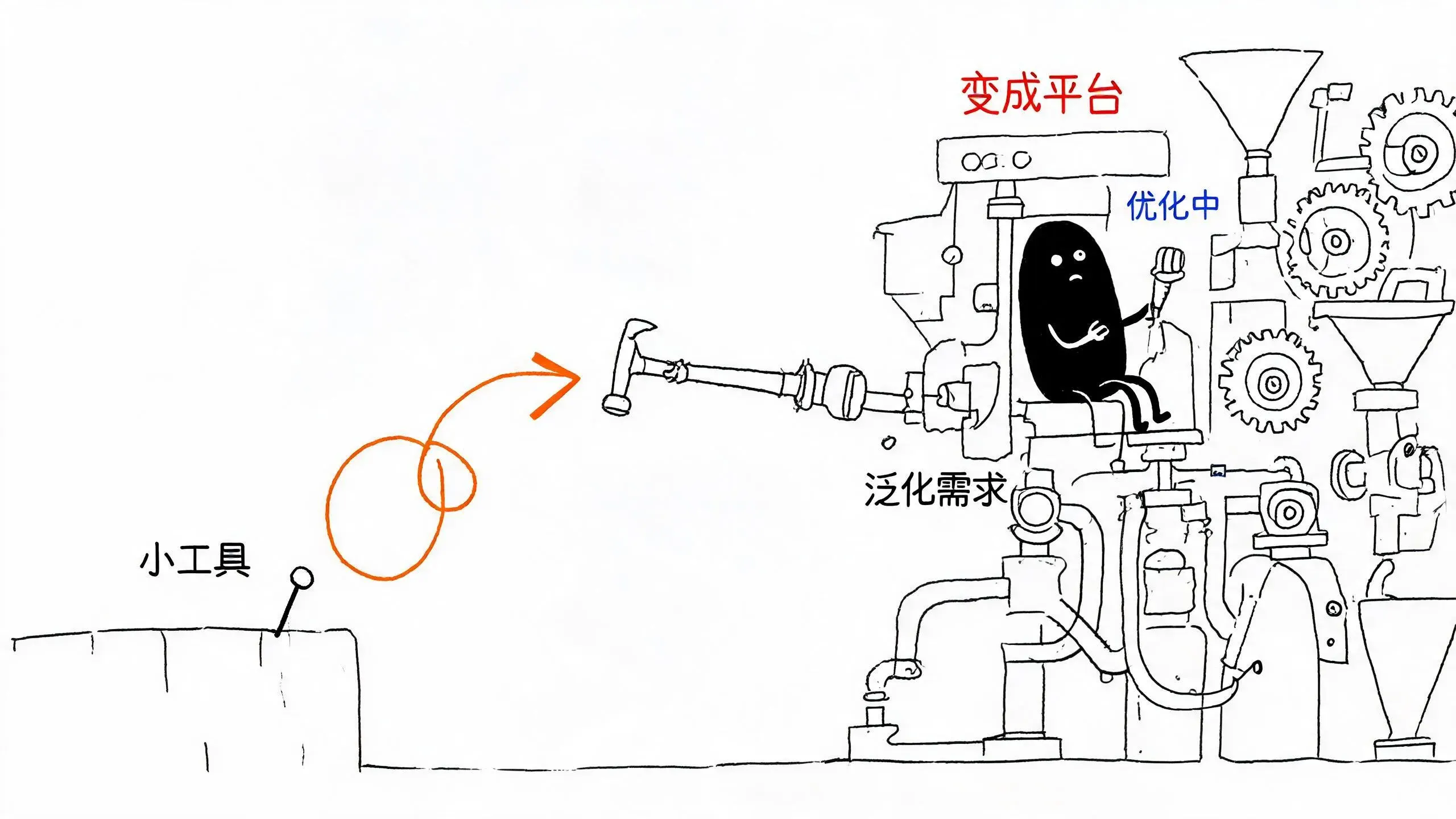 小黑坐在庞大机器的核心操作拉杆，机器的机械臂举着一把小锤子，瞄准远处墙上一颗写着"小工具"的钉子